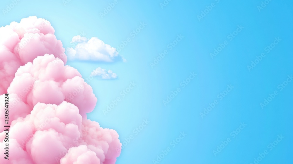 Poster pink fluffy clouds against a light blue sky, creating a dreamy and serene atmosphere. the clouds are