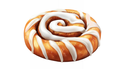 A freshly baked cinnamon roll with a swirl of icing on top isolated on a transparent background