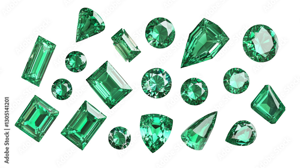 Poster polished emerald gems displaying varied geometric cuts, reflecting luxury and elegance against clean