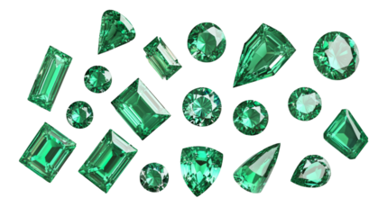 Polished emerald gems displaying varied geometric cuts, reflecting luxury and elegance against clean transparent backdrop