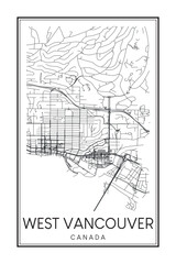 Printable downtown road map poster of the Canadian city of WEST VANCOUVER on solid white background with city name