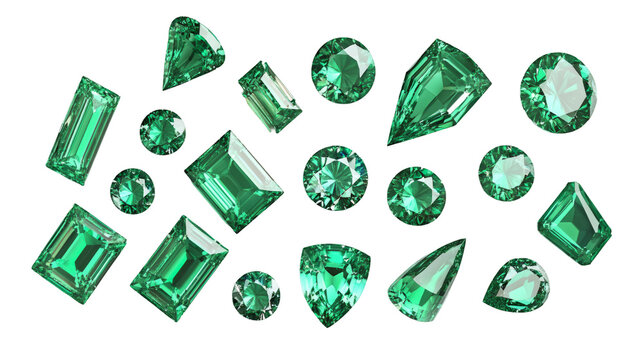 Polished emerald gems displaying varied geometric cuts, reflecting luxury and elegance against clean transparent backdrop