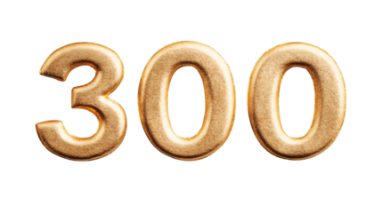 Gold-crafted number 300 showcasing luxurious metallic sheen, symbolizing success and commemorative moments against pristine transparent backdrop