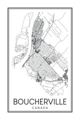 Printable downtown road map poster of the Canadian city of BOUCHERVILLE on solid white background with city name