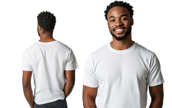 A smiling man wearing a blank white t-shirt, front and back view, perfect for apparel design mockups.