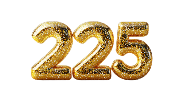 Golden glittery inflatable number 225 floating, celebrating milestone birthday or anniversary against transparent backdrop