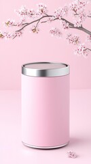 Pink cylindrical container with silver accents sits on a pink background, adorned with a delicate branch of pink blossoms. Minimalist product display.