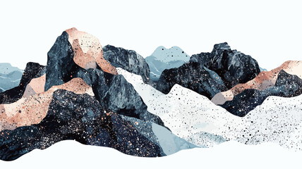Digital illustration depicting a stylized mountain range. The style is abstract and minimalist, with simplified forms and a limited color palette of greys, blues, and whites.  The mountains