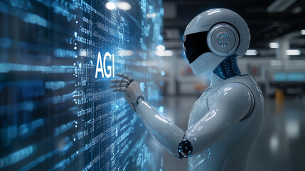 Humanoid robot hand touches letters AGI on holographic screen Future artificial general intelligence transcends limits.