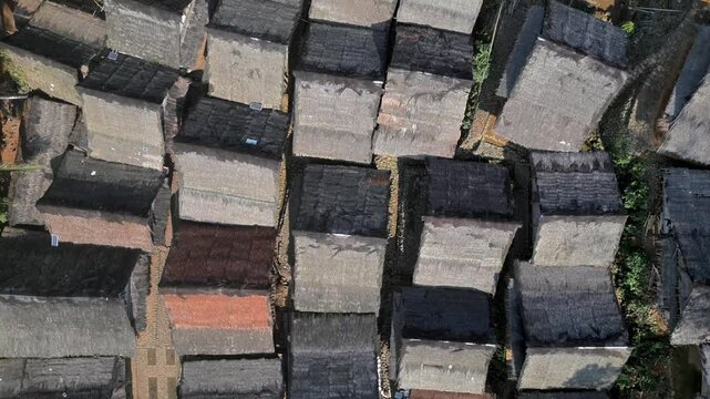 The traditional village of the Outer Baduy Tribe with houses lined up in rows and simple architecture, made from natural materials such as wood, bamboo, and thatched roofs, without any modernization.