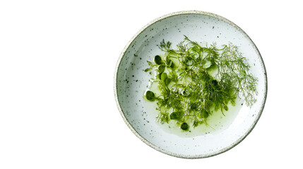 Fototapeta premium Fragrant dill sprigs and vibrant microgreens suspended in golden olive oil, resting on speckled white ceramic plate against clean transparent backdrop