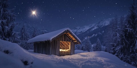 Fototapeta premium A wooden manger in the snow, with a star shining above it. The scene is set against a backdrop of snowy
