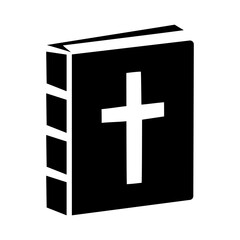 Black and white silhouette of Holy Bible with cross on the cover, symbolizing faith and Christianity. Perfect for religious themes, icons, and designs. Vector.