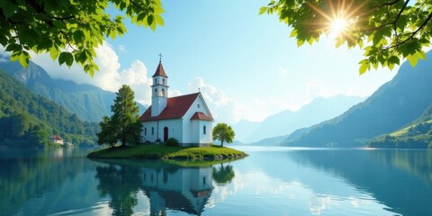 Fototapeta premium Serene Lakeside Chapel Reflecting in Tranquil Waters, Bathed in Golden Sunlight, Surrounded by Lush Green Mountains