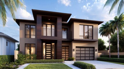 Fototapeta premium Property for sale rent, Home, Investment. Modern two-story house with a sleek design, surrounded by greenery and palm trees.