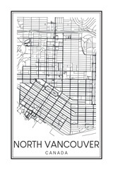 Printable downtown road map poster of the Canadian city of NORTH VANCOUVER on solid white background with city name