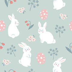 easter  seamless pattern with bunnies ,flowers  seamless pattern , vector , illustration