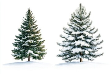 Two Snow Covered Evergreen Trees Isolated on White Background Winter Holiday Scene