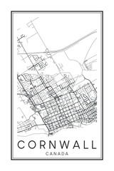 Printable downtown road map poster of the Canadian city of CORNWALL on solid white background with city name