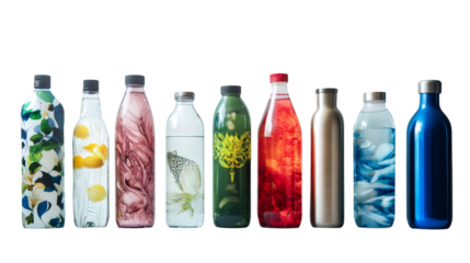 Reusable water bottles with colorful patterns and contents, promoting hydration and sustainability on transparent background