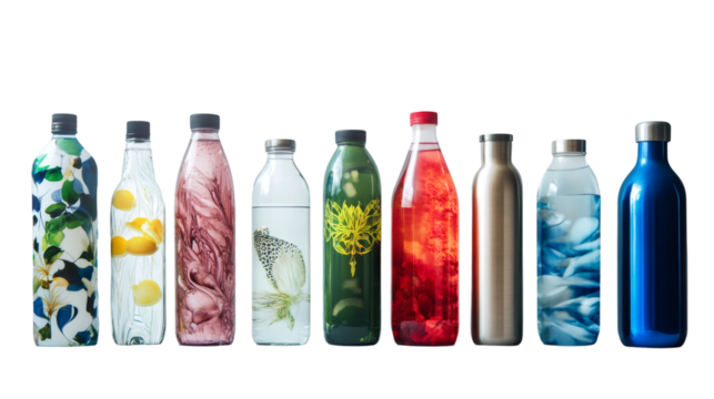 Reusable water bottles with colorful patterns and contents, promoting hydration and sustainability on transparent background
