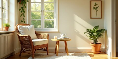 Sunlit Room with Wicker Chair, Plants, and a Side Table Featuring a Book and Teapot