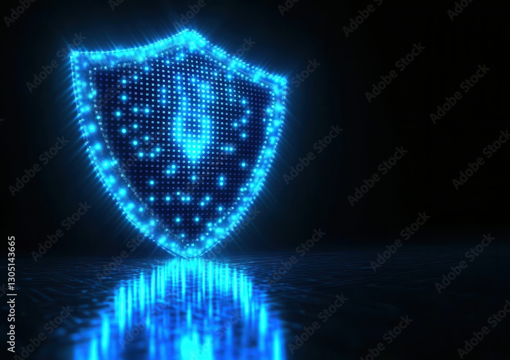 Poster bright glowing shield with dazzling blue light reflections on a dark background representing digital