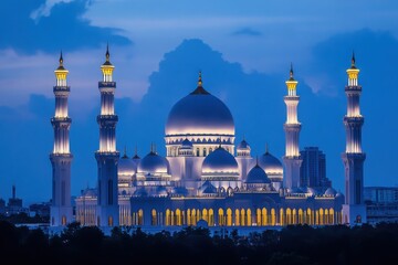 Obraz premium A vibrant and festive ramadan scene with a grand mosque at dusk against a deep blue sky featuring multiple domes and minarets softly lit from within 