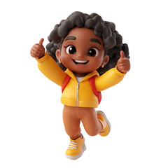 A black cartoon girl jumping for joy and giving a thumbs up on a transparent background.