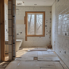 Bathroom under renovation with white subway tiles, a window overlooking trees, and wood flooring in progress.