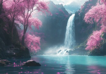 Serene Waterfall Surrounded by Vibrant Pink Blossom Trees under a Dreamy Sky with Gentle Mist and Reflection in Clear Blue Water