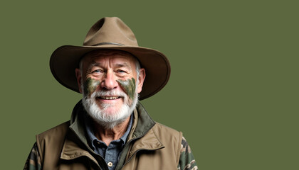 Fototapeta premium Portrait of a smiling elderly senior man hunter isolated on a solid green background, studio set