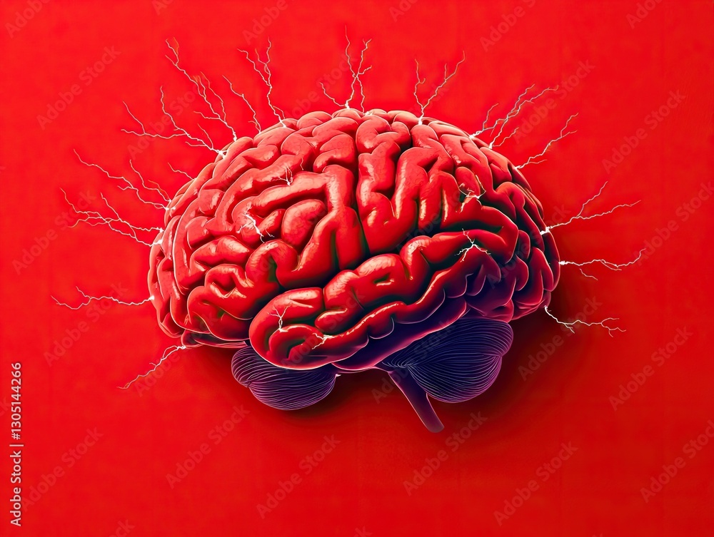 Poster dynamic brain activity illustration abstract science art vibrant red background conceptual visualiza