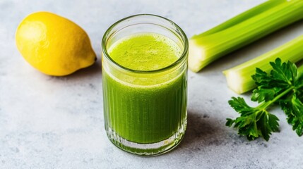 Fototapeta premium A refreshing green juice made from celery, lemon, and parsley, served in a glass on a light surface.