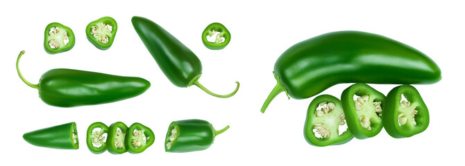 jalapeno peppers isolated on white background. Green chili pepper . Top view. Flat lay