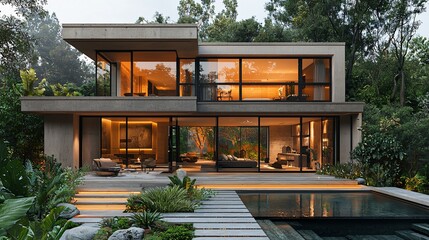 Fototapeta premium Contemporary Modern Home Surrounded by Lush Greenery with Large Windows and Inviting Outdoor Space