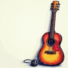 Obraz premium Hand-drawn guitar & mic sketch; music doodle style, single line drawing, retro, symbol