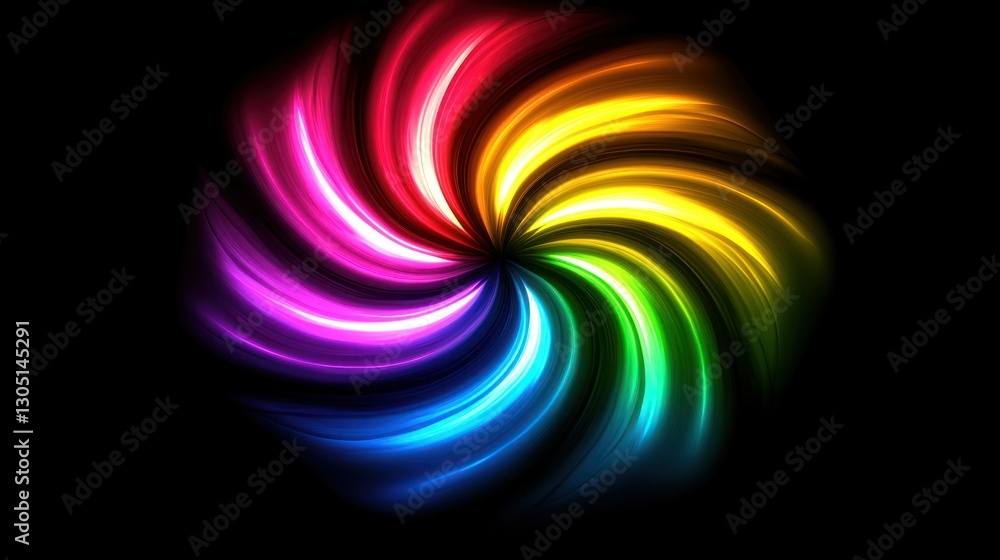 Poster a dynamic radial burst pattern in neon colors, creating a glowing effect on a black background.
