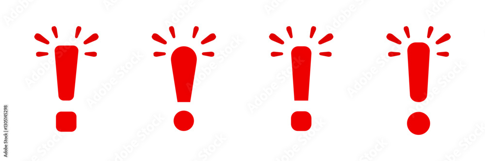 Poster four red exclamation marks are lined up in a row, each with lines at the top suggesting emphasis or 