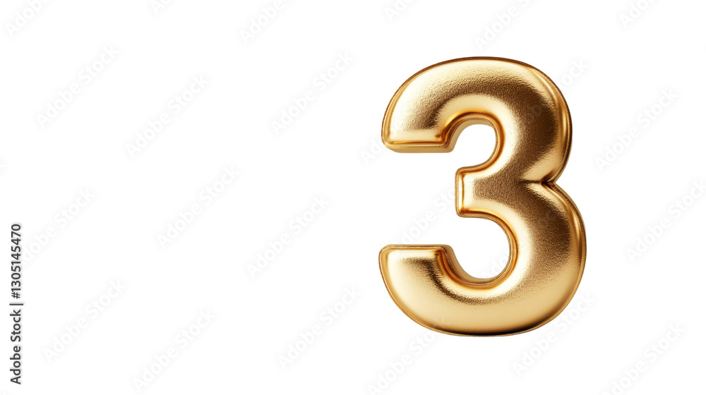 Poster 3d rendering of golden number three isolated on transparent background with alpha channel