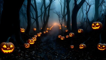 a group of carved pumpkins on a path in the woods