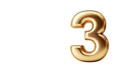 3d rendering of golden number three isolated on transparent background with alpha channel