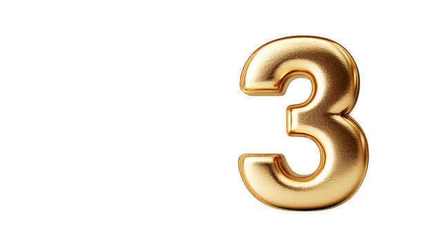 3d rendering of golden number three isolated on transparent background with alpha channel