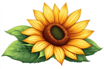 Fototapeta premium Vibrant Yellow Sunflower with Lush Green Leaves Botanical Illustration Floral Design Element