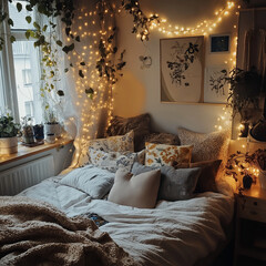Cozy bedroom with fairy lights and plants.