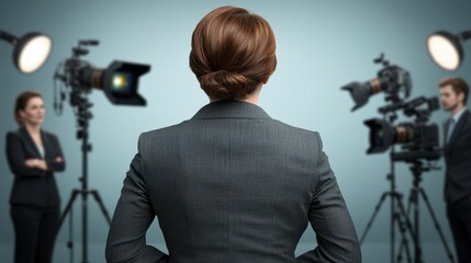 Confident Woman in Gray Blazer Facing Away from Cameras in Studio