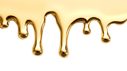 Flowing golden paint dripping down on a transparent background, creating a luxurious and elegant visual