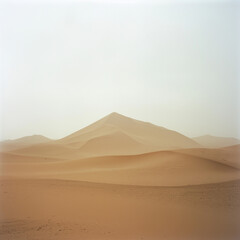 Fototapeta premium Serene desert landscape under a hazy sky. Golden sand dunes stretch to the horizon.