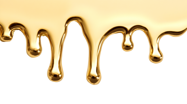 Flowing golden paint dripping down on a transparent background, creating a luxurious and elegant visual