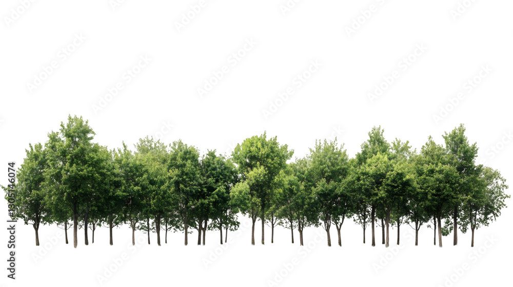 Poster Procedural tree silhouettes forming borderline pattern, transparent PNG for architectural rendering, landscape design integration with clean cutout edges